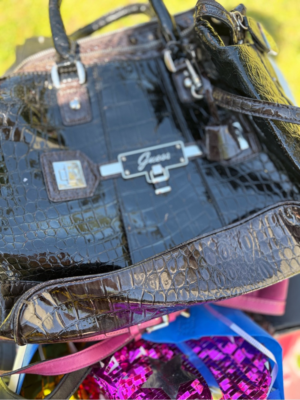 Guess Black Croc-Embossed Patent Tote with Silver Hardware